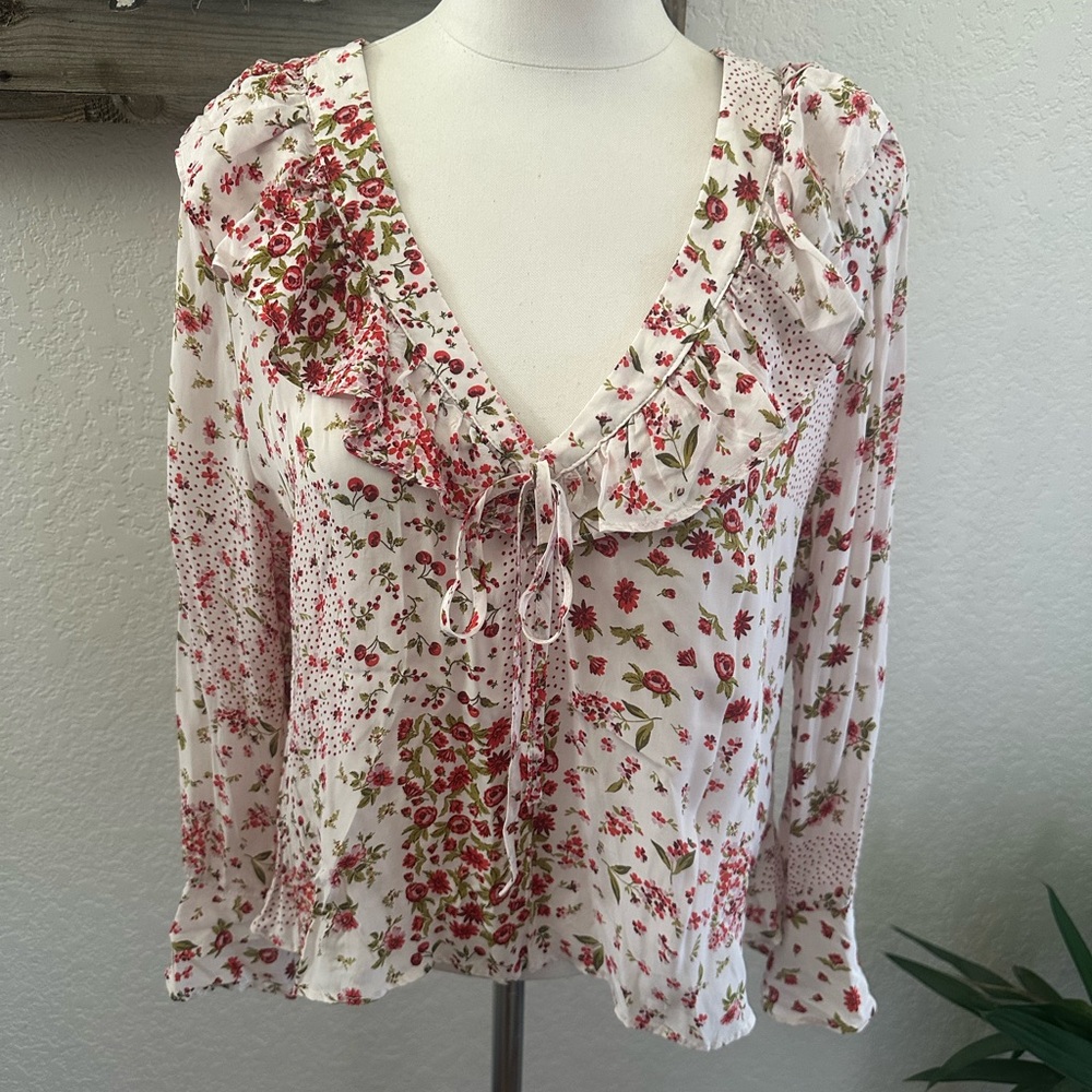 Zara Cream Blouse with Red Floral Ruffle Tie size‎ L NWT
